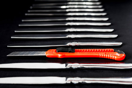 Utility knife in a raw with table-knives as a Concept of leadership and power in the background of the total massの写真素材