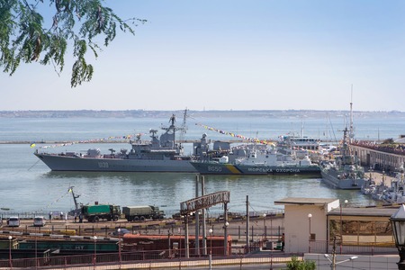 Odesa, Ukraine - July 03, 2016: Battleship HETMAN SAHAYDACHNY and other ships docked at Port of Odesa during celebration day of NAVY forcesのeditorial素材