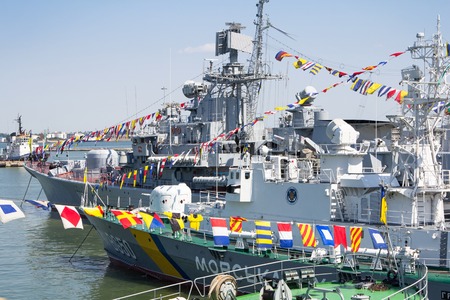 Odesa, Ukraine - July 10, 2016: Battleship HETMAN SAHAYDACHNY and other ships docked at Port of Odesa during celebration day of NAVY forcesのeditorial素材