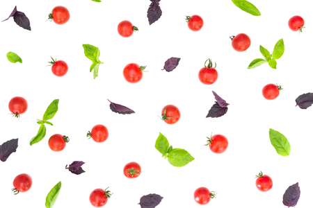 Colorful pattern made of cherry tomatoes, purple and green basil on white background. Cooking concept. Top viewの写真素材