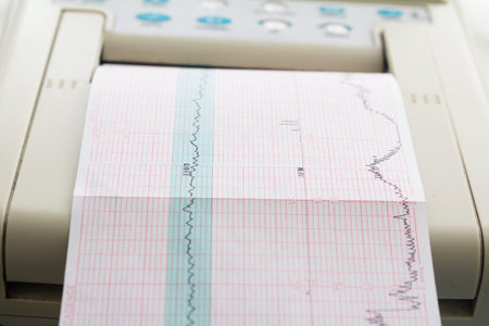 Printing of cardiogram report coming out from Electrocardiograph in labour ward. Fetal monitor