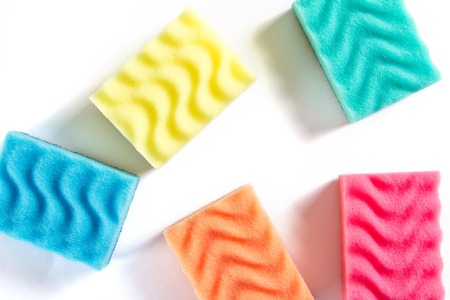 Multicolor Dish Washing Sponges Isolated on White Background. Space for textの写真素材