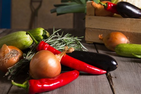 Different kind of local vegitables on the wooden rustic table. Organic healthy food conceptの写真素材