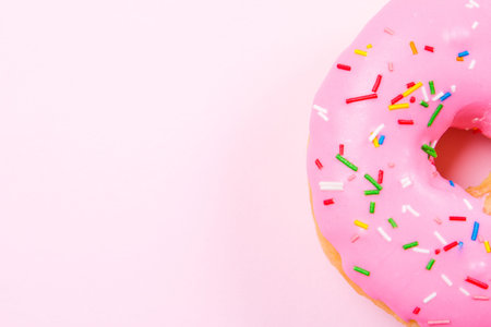 Pink round donut on pastele background. Flat lay, top view.の写真素材