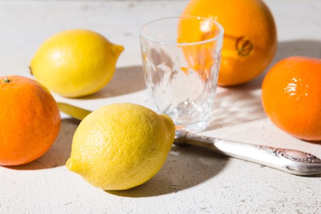 different kinds of citrus on white backgroundの写真素材