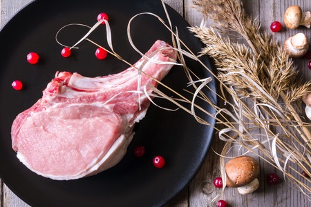 Still life of fresh game meat on a wooden table, surrounded by cane, herbs and wild berriesの写真素材