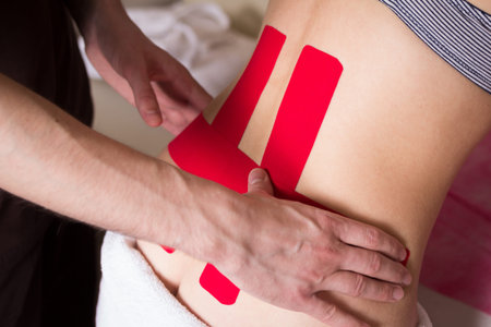 Kinesiologyst place tape on womans back by his hands
