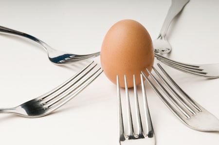 Egg surrounded by forksの写真素材