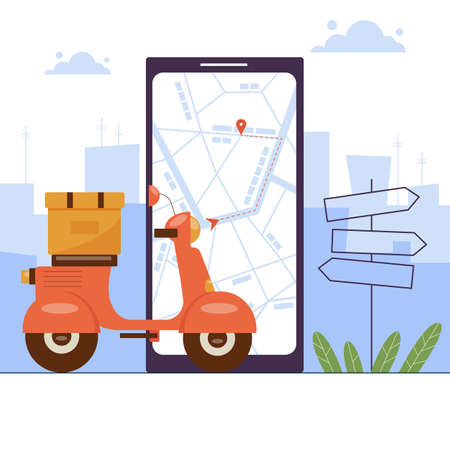 City delivery service on electric scooter. Red bike with parcel on board. Mobile smartphone with a map and route, way mark on metropolis background. Online food or goods order package shipping.のイラスト素材