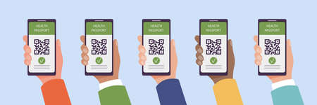 People holding in hands mobile phones showing QR code as pass and proof of vaccination against Covid-19. Coronavirus health passport and vaccine certificate concept. Vector illustration in flat style.のイラスト素材