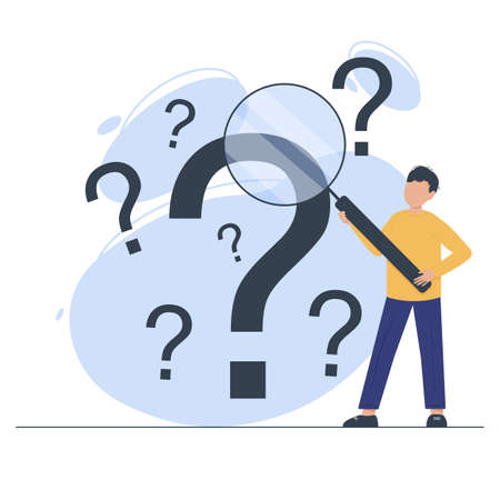 Man aims the magnifying glass at the question marks floating in the air. Problem analysis, research, find solution or answers on frequently asked questions. Vector illustration in flat style.のイラスト素材