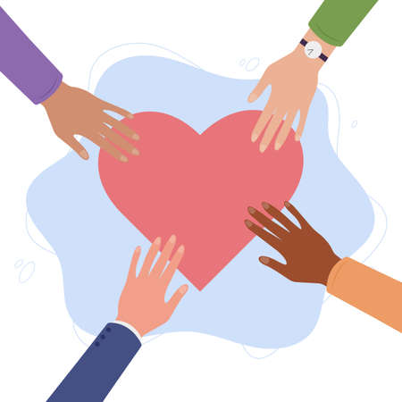 People of different nationalities and races reach out their hands to the heart in the center of the vector illustration. A symbol of love, goodness, thanks, charity, donation, volunteering and hope.のイラスト素材