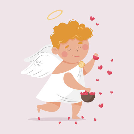 Romantic Cupid with closed eyes spreading red hearts from a basket. Vector illustration in flat style for the Feast of Saint Valentine on the 14th of February.のイラスト素材