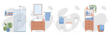 Bathroom interior vector illustration. Shower room and toilet interior design. Shower cabin, bathroom cabinet with sink, hanging toilet bowl, towel holder and bathroom mirror.のイラスト素材