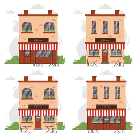 Coffee shop, coffee house, coffee store or cafe buildings set. Facade or exterior of coffee shop with sunblind. Tables and chairs on the terrace in front of the cafe storefront. vector illustration.のイラスト素材
