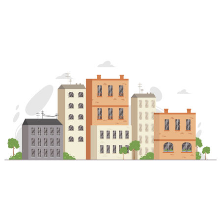 Urban landscape or cityscape with residential houses of different sizes. City, big town, metropolis concept. Vector illustration in flat style.のイラスト素材