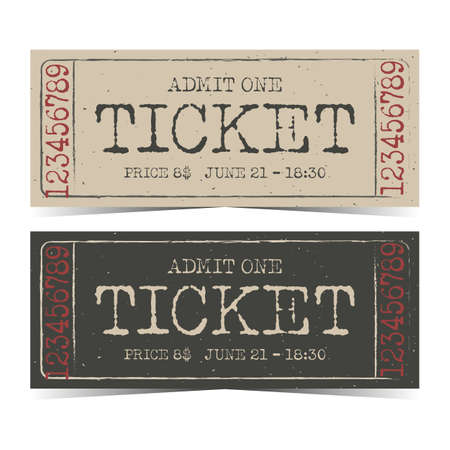 Vintage ticket or retro ticket template design. Vector illustration in flat style of paper ticket with a number on the side. Entrance ticket for theater, circus, cinema, concert, event or festival.のイラスト素材