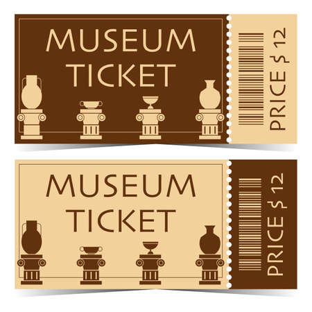 Ticket to access the historical museum with exhibits on the podium. Flat vector illustration of tear-off or detachable museum ticket. Museum entrance ticket pattern or blank.のイラスト素材
