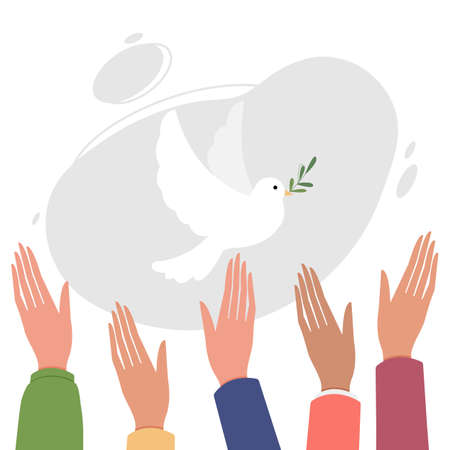 People raise their hands greeting the dove of peace. Pigeon of peace, the symbol of help, support, charity, kindness, nobleness, friendship and peaceful world without war. Flat vector illustration.のイラスト素材