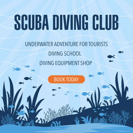 Scuba diving club promo poster or advertisement banner for web or social media posts. Vector illustration of underwater ocean or sea world suitable for diving school, lessons or diving equipment shop.のイラスト素材