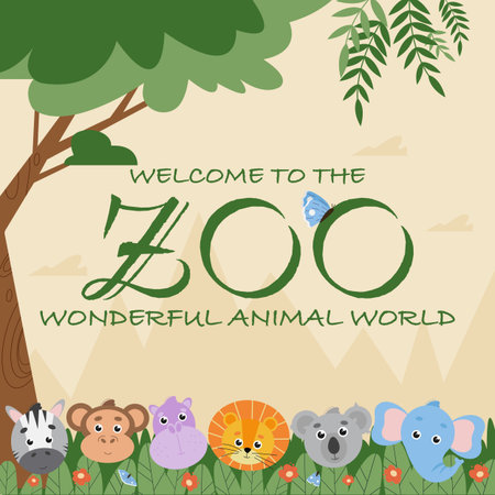 Zoo banner template with cute stylized wild animals in the jungle suitable for zoological garden...