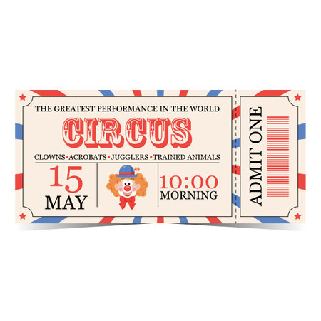 Circus ticket template design in red, blue and beige colors with clown, date, time, detachable or tear-off part and bar code. Vector illustration of circus show entrance coupon in retro vintage style.のイラスト素材