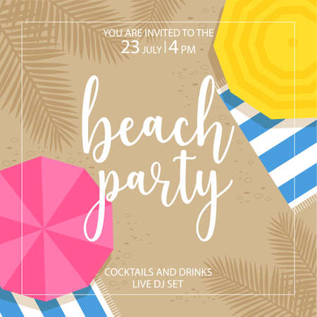 Summer beach party invitation banner, poster or flyer suitable for holiday exotic events. Vector illustration with beach umbrella and towel on the seaboard.のイラスト素材