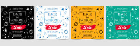 Set of back to school sale banners with black, white, yellow and green background, with school supplies and objects related to education and study process.のイラスト素材