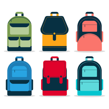 Set of backpack or school bag of different shapes and colours. Vector illustration of education objects for pupils and students such as rucksack, haversack or satchel.のイラスト素材
