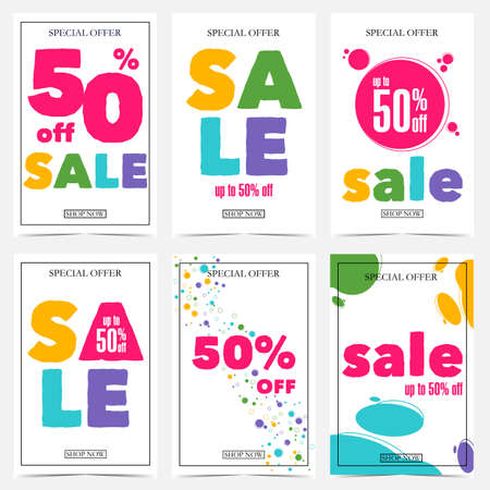 Vector sale banner or poster set for special offer, summer discount and holiday shopping season. Colorful bright lettering with reduction percentage and big sale promotion.のイラスト素材