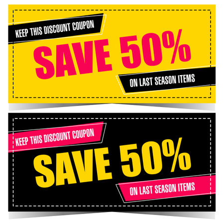 Discount coupon to save money during sale season. Vector template design of discount voucher, ticket, leaflet or flayer for holiday or weekend shopping and Black Friday.のイラスト素材