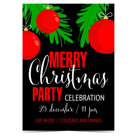 Christmas celebration party poster, banner, invitation card with red Christmas decorations, pine or Christmas tree branches on black background. Vector illustration in flat style.のイラスト素材