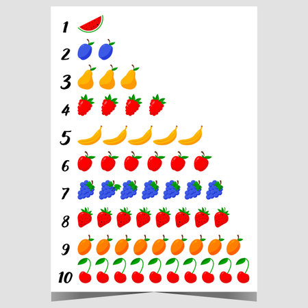 Table for learning counting up to ten with cute colorful fruit and berry icons. Educational material for children to develop counting and arithmetic skills. Handy exercise chart.のイラスト素材