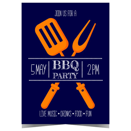 BBQ party invitation poster or banner with fork and turner spatula for grilling. Barbecue event promotion for summer weekend outdoor picnic, meat cooking and steak grilling.のイラスト素材