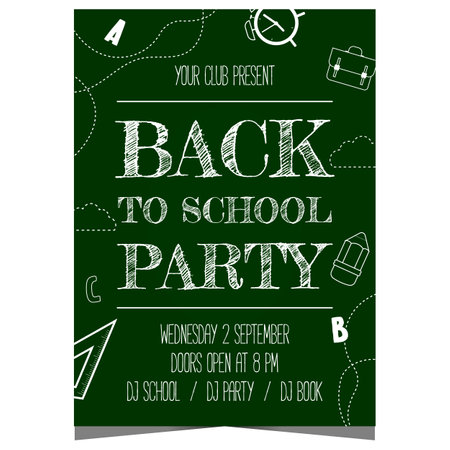 Back to school party poster with chalk inscription and school supplies icons on the blackboard. Vector illustration for celebration of the start of academic or school year.のイラスト素材
