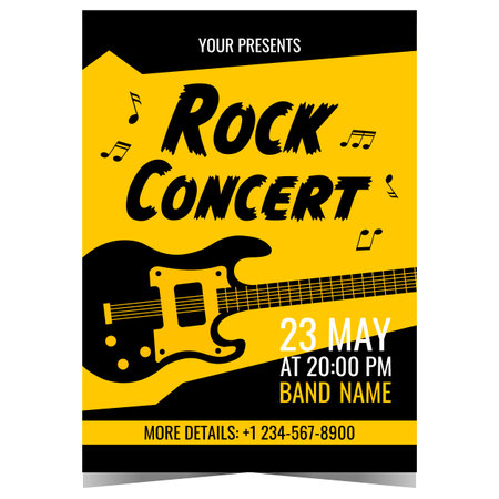 Rock concert vector design template with electric guitar and musical notes on black yellow background. Banner or poster, invitation leaflet or flyer for hard rock show.のイラスト素材