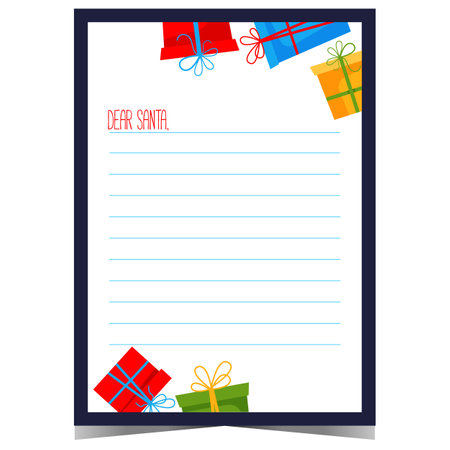 Christmas letter to Santa Claus that begins with the words Dear Santa, empty space for message or wish list and gift boxes of different colors on the background. Ready to print.のイラスト素材