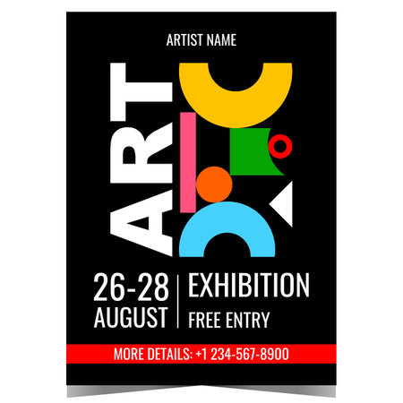 Art exhibition design template with colorful abstract geometric shapes on the background. Banner, poster, leaflet or flyer for culture event, painting and photos exposition.のイラスト素材