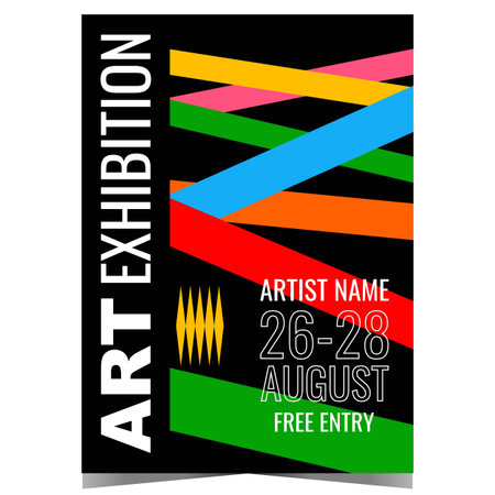 Art exhibition museum, exposition or painting and photo gallery promo poster or invitation flyer. Vector design template of culture event advertising banner with colorful lines.のイラスト素材