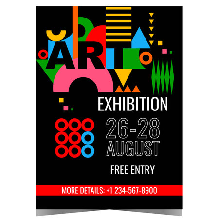 Art exhibition colorful poster with geometric shapes and decorative abstract elements. Vector illustration for museum exposition, photo and painting gallery.のイラスト素材