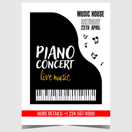 Piano concert invitation flyer, promo banner or poster with black grand piano and musical notes in the white background. Vector design template of booklet for piano live event.のイラスト素材