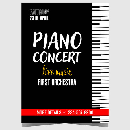 Piano concert poster design template with black and white piano keys on the background. Vector promo banner, brochure, booklet or invitation leaflet for live concert.のイラスト素材