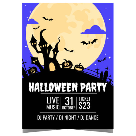 Halloween party poster with big full moon illuminating the witch's castle, scary pumpkins, horrible graveyard and flying bats. Ready to print vector template for Halloween Party.のイラスト素材