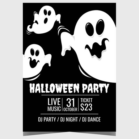 Halloween party banner with scary ghosts or phantoms on black background. Vector design template for spooky Halloween party poster, invitation flyer or leaflet.のイラスト素材