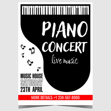 Live piano music concert invitation poster with grand piano and musical notes on white background. Vector banner, handout or cover for classical instrumental music festival.のイラスト素材