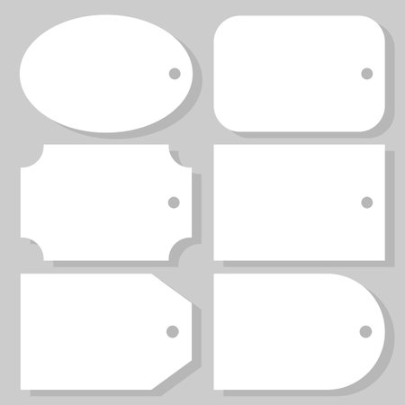 Blank paper tag, label, tally or tab of different forms with a hole to tie it up and leave note, mark or message for gift box. Templates of empty white stickers or badges.のイラスト素材