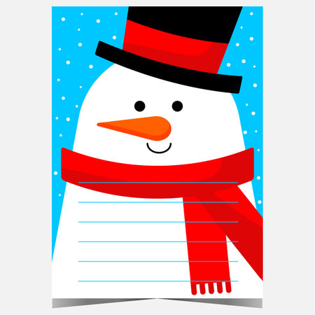 Christmas wish list template for Santa with cartoon snowman in the background. Ready to print example of postcard or letter to Santa Claus with empty space to fill in by kids.のイラスト素材