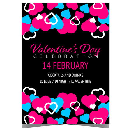 Valentine's Day celebration poster or banner to invite friends to the romantic party in disco dance club. Vector invitation leaflet or flyer for the Feast of Saint Valentine.のイラスト素材