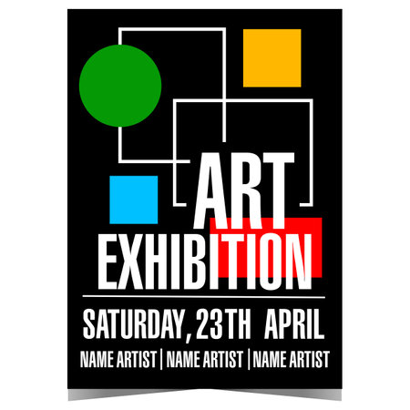 Art exhibition banner or poster template. Vector leaflet or flyer with abstract geometric shapes on a black background. Invitation booklet for painting or sculpture exposition.のイラスト素材