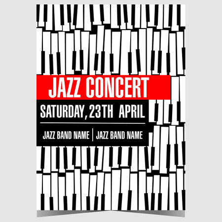 Jazz concert poster or banner template. Vector booklet, leaflet or invitation flyer with piano keys on the background suitable for live music show, festival or performance.のイラスト素材